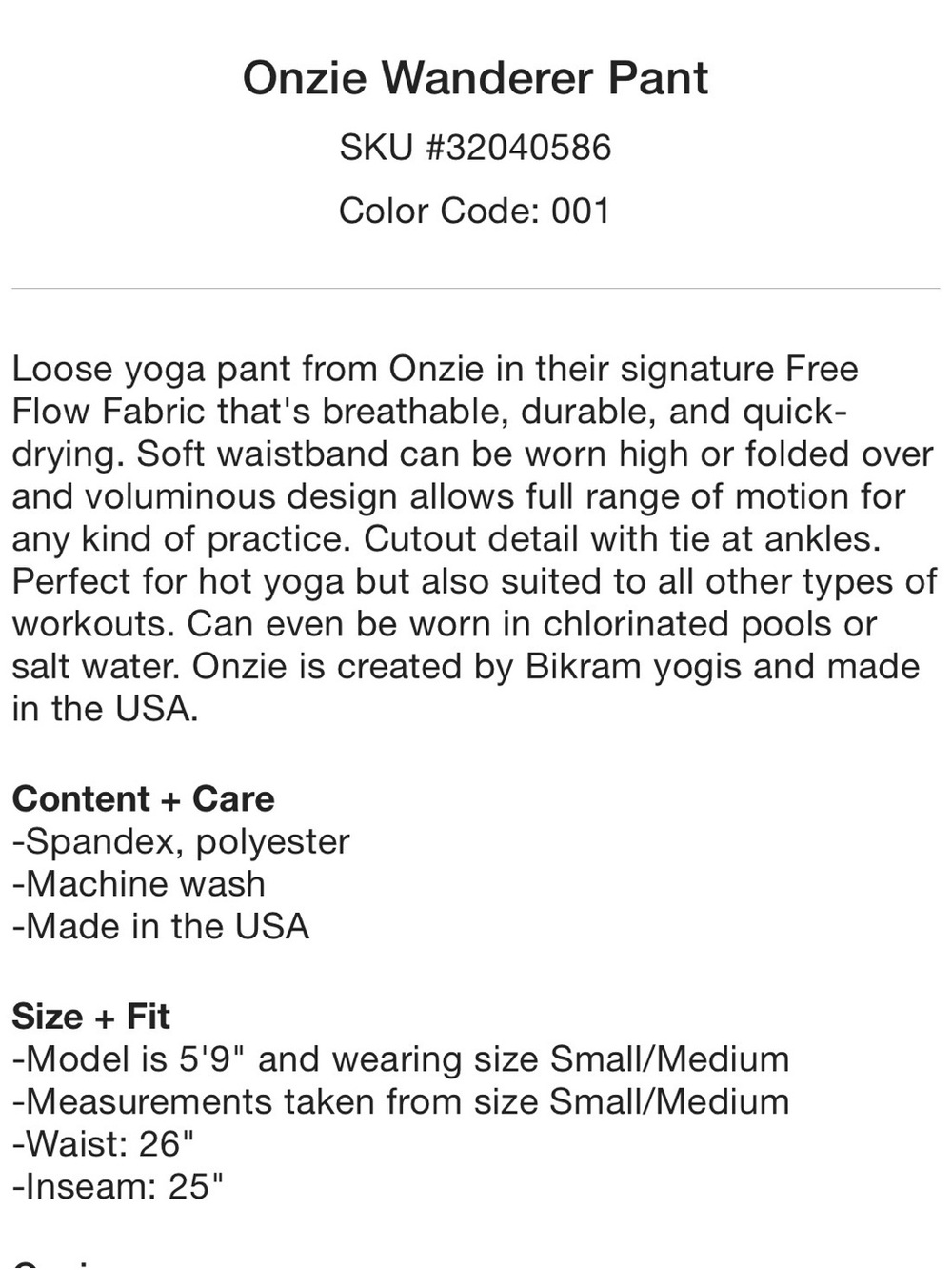 Onzie Wanderer Black Pants S/M - Picture 3 of 14